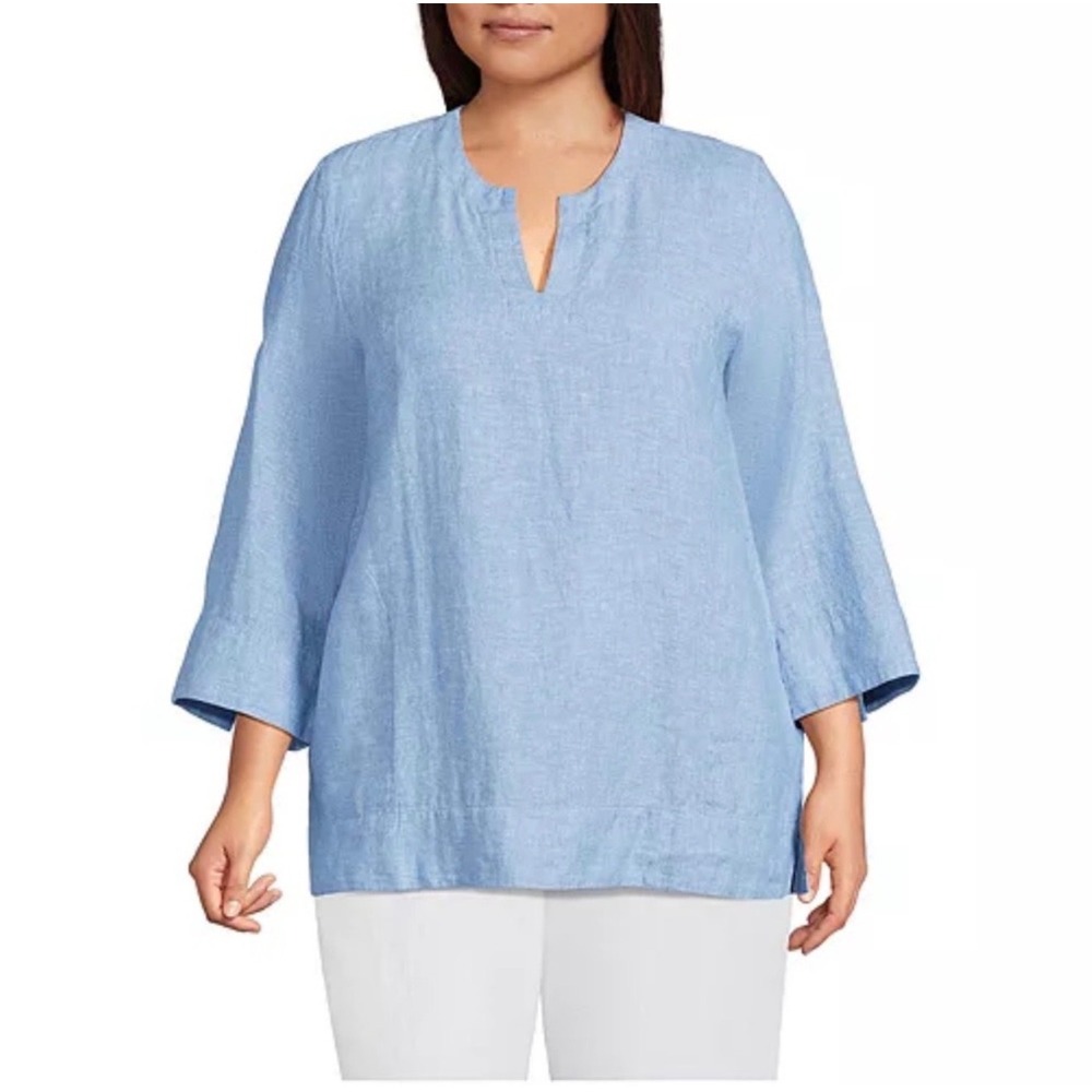 Lands End Split Neck Tunic Womens Blue 3/4 Sleeve Coastal XXL